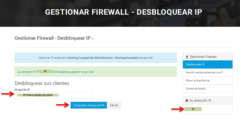 Menú Firewall de desbloqueo de IP